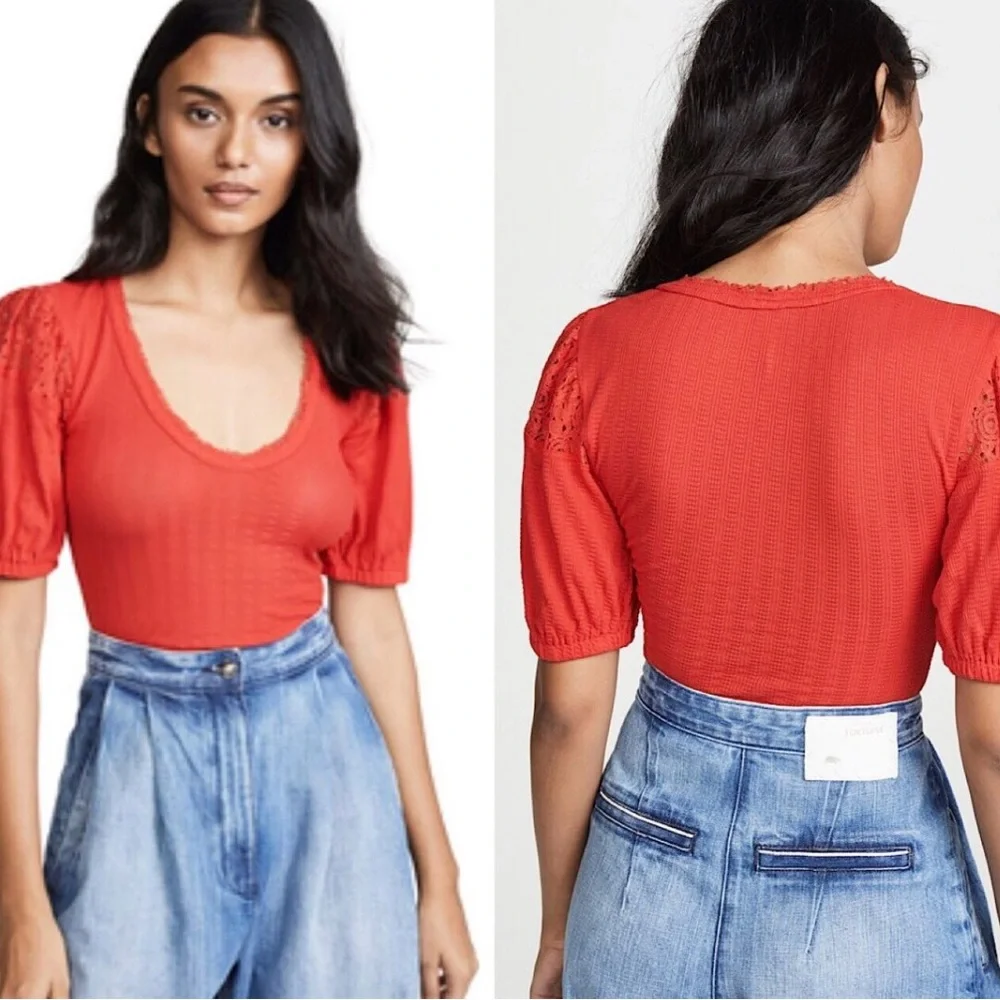 Free People Red Crochet Puff Sleeve Waffle Knit‎ Scoop Neck Top XS OB1105151